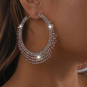 Gold Crystal Hoop Oversized Statement Tassel Earrings
